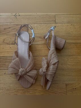 Loeffler Randall Bow Heels Nude Pink Pleated Glitter Ankle Strap NWOB Size 5